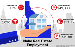 Graphic of Idaho Real Estate Employment, showing statistics on employment rate, agents employed, and wages in a city buildings background.